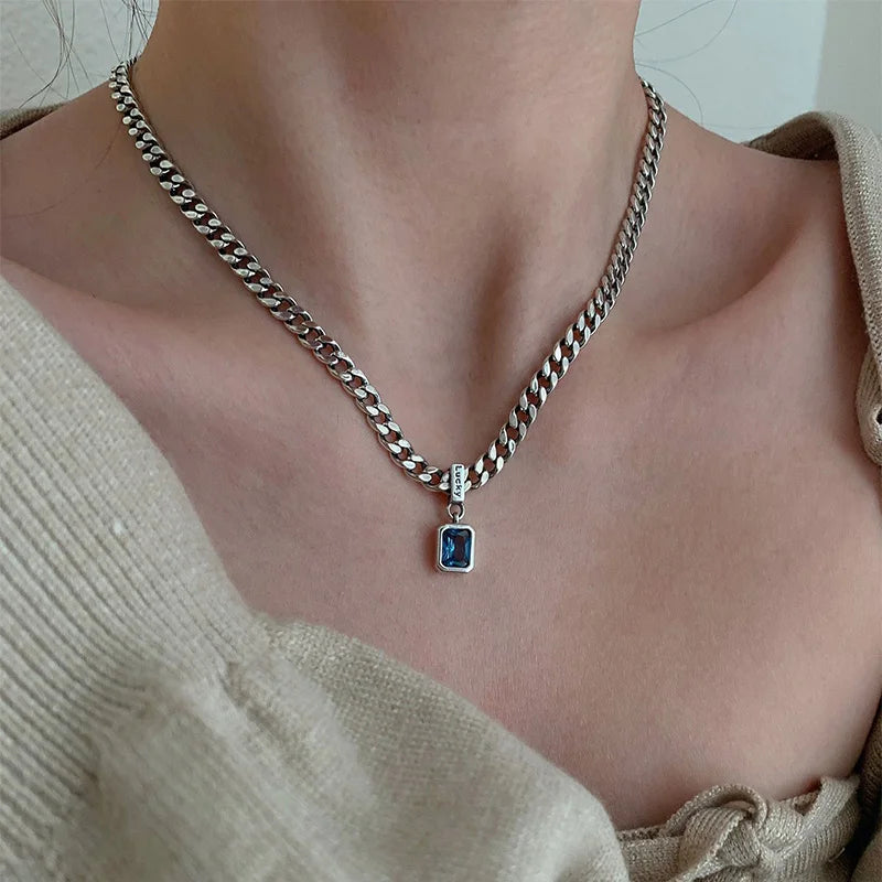 Blue Zircon Thick Chain Necklace